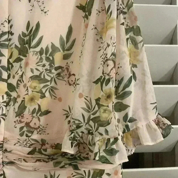 MAC DUGGAL Gown 24 Floral Print Faux Wrap Flutter Sleeve Peach Maxi Dress V Neck - Picture 14 of 14